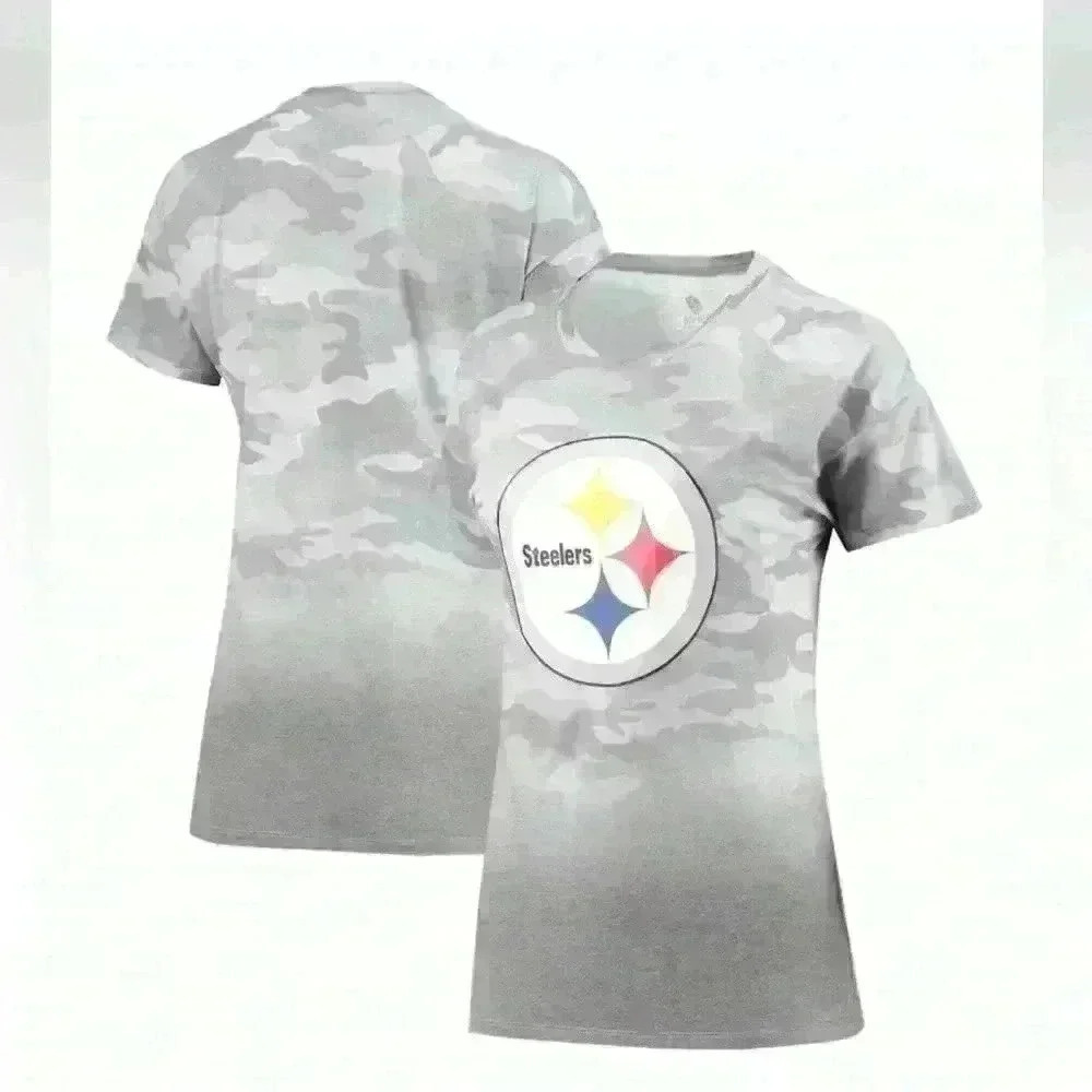 NWT NFL Juniors Pittsburgh Steelers Gray/Black Camo Dip Dye T-Shirt | Size Small